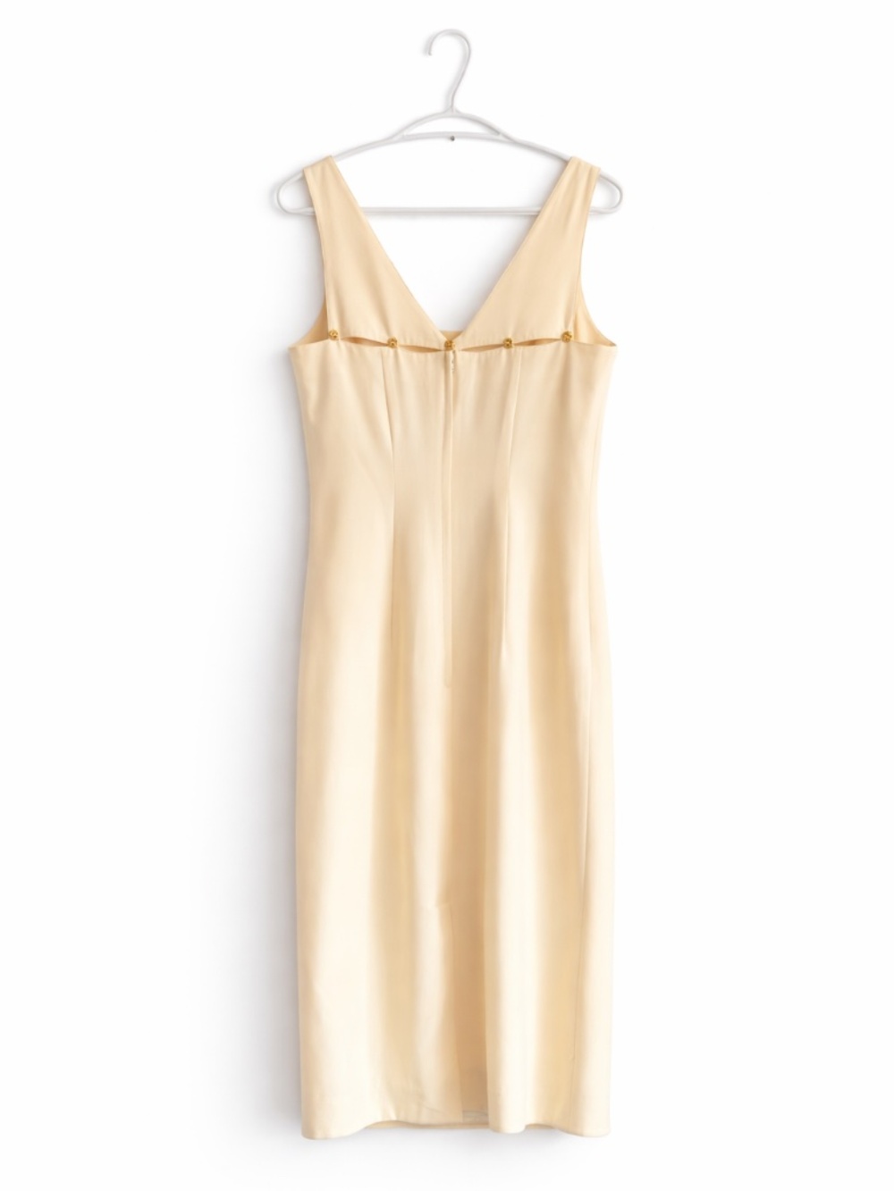 Vintage Jackie K Soft Yellow Sheath Dress Golden Flower Button Back Details